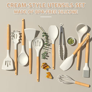 33 pcs Non-stick Silicone Cooking Kitchen Utensils Spatula Set with Holder, Wooden Handle Silicone Kitchen Gadgets Utensil Set (Cream White)