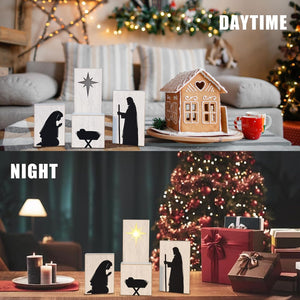 Wooden Nativity Scene with Shining Eternal Star, Black and White Christian Christmas Decorations