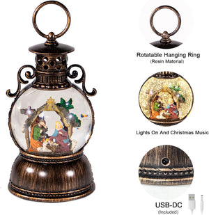 Christmas Lantern Snow Globe, Nativity Christmas Water Globes with 6H Timer, Battery Operated & USB Powered