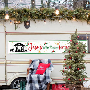 Nativity Christmas Sign Banner Jesus is the Reason for the Season Outdoor Christmas Decorations, 9.8 x 1.6 FT (Green, White)