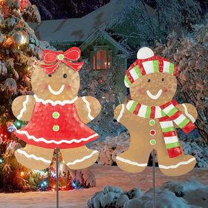 2 Pack Christmas Metal Stakes, 24.8 inch Gingerbread Boy and Girl Yard Sign Stake