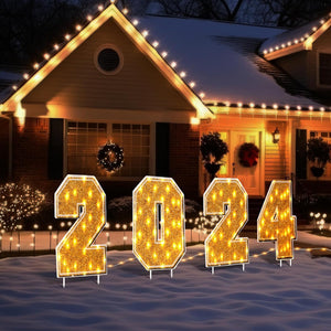 Christmas Happy New Year Decorations Outside Number 2024 Yard Signs with LED String Light