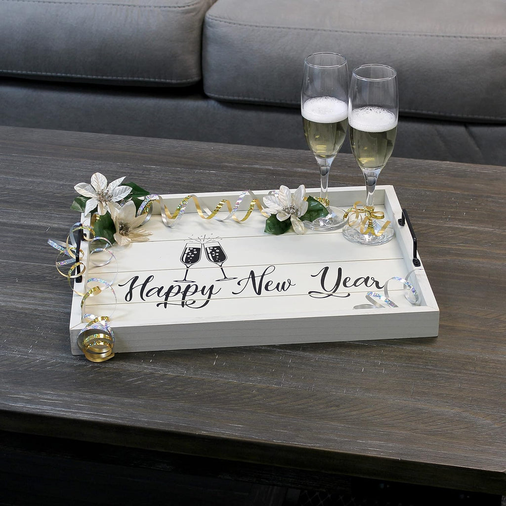 Champagne Toast Decorative Wood Serving Tray w/ Handles, 15.50" x 12", Light Gray Happy New Year