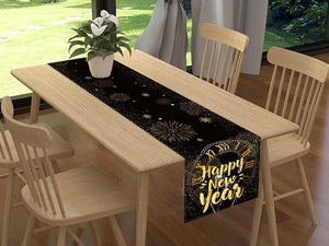 Linen Black and Gold Happy New Year Table Runner 72 Inches Long