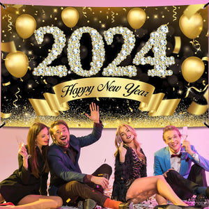 XtraLarge Happy New Years Banner 2024 - New Years Backdrop, 72x44 Inch