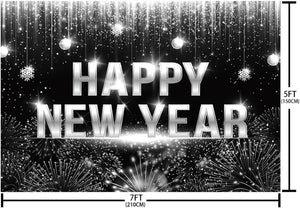 7x5ft Happy New Year Backdrop Black Silver Glitter Bokeh Fireworks Photography Background