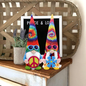 Hippie Gnomes Groovy Plush Gnome Decorations with Peace Sign Sunglasses Spring Summer Tie Dye