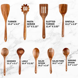 9-Piece Teak Wooden Utensils for Cooking - Natural Teak Utensil Set with Premium Gift Box