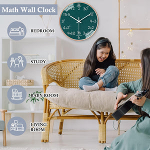 12 Inch Math Wall Clock Silent Non Ticking Movement Quality Quartz Gift Decor, Green