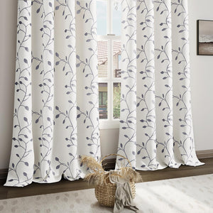 Grey Leaf Pattern Grommet Curtains 84 inch Length for Bedroom Grayish White Cotton Linen, 2 Panels