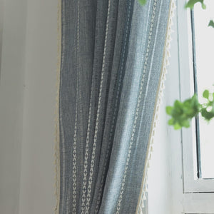 Semi-Blackout French Country Linen Embroidery Vintage Chic Tassels Hollow Window Treatment Bohemian Drape, 1 Panel 52" W x 84" L, Blue