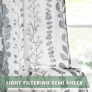 Bohemian Linen Style Back Tab Window Leaf Print Classical Drapes Curtains,84 Inch Length, 2 Panels