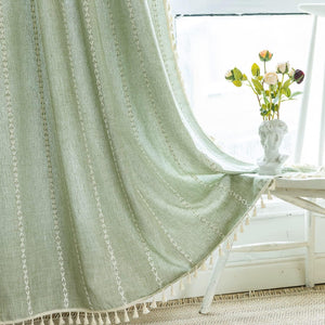 Cotton Linen Weighted Stripes Embroidery, Semi Blackout Bohemian Curtain Drape Tassels 1 Panel W52 x L84 Sage Green