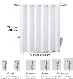 Boho Shower Curtain White Tassel Woven Farmhouse Textured Tufted Chevron Striped, 72 x 72 White