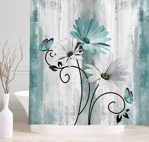 Farm Teal Daisy Floral Flowers and Butterfly on Country Wooden Shower Curtain, Turquoise Blue with 12PCS Hooks, 70X70IN