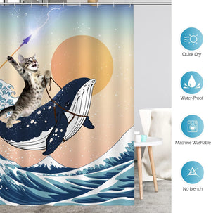 Funny Shower Curtain Brave Cat Holding Trident Arrow Riding Shark in Ocean Wave Bathroom Decor, 72"x72"