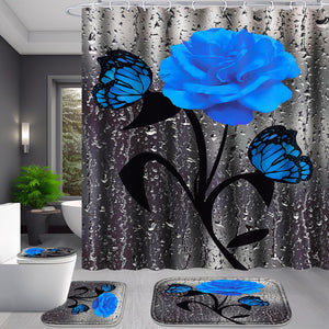 4 Pcs Bathroom Set, Blue Rose Shower Curtain Sets with Rugs