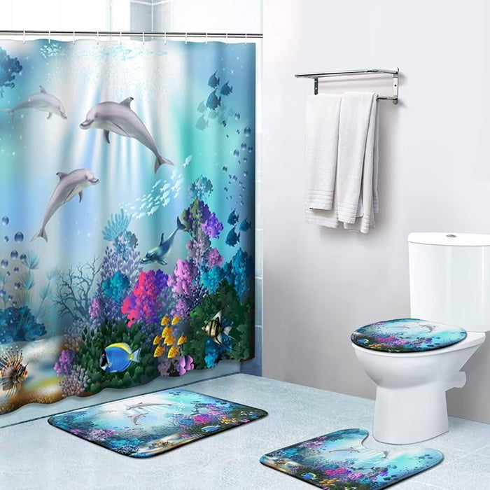 4Pcs Sea Dolphin Shower Curtain Sets with Non-Slip Rugs,Toilet Lid Cover and Bath Mat