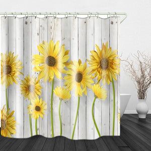 Waterproof Shower Curtains Sets for Bathroom Accessories with Oil Painting Sunflower White Wooden Decor, 71 x 72 inches