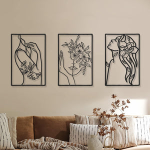 3 Pieces Metal Minimalist Woman Wall Hanging for Kitchen, Bathroom, Living Room (Black,Flower)