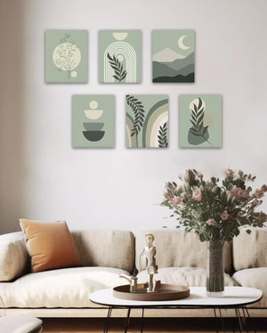 Green Boho Wall Art Mid-Century Modern Wall Decor Canvas 𝗙𝗿𝗮𝗺𝗲𝗱 Print Minimalist Botanical Abstract, 8"x10" Set of 6