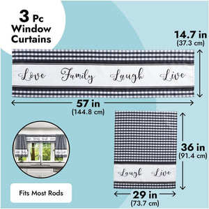 3 Piece Kitchen Curtains and Valances Set for Windows, Love Family, Laugh, Live (Black and White)