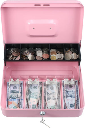 Cash Box with Money Tray and Key Lock,Tiered, Cantilever Design, Pink