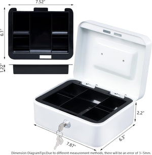 Medium Cash Box with Money Tray,Small Safe Lock Box with Key, White