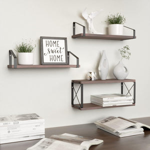 2-in-1 Wall Mounted Floating Shelves Set of 3, Rustic Wood Shelves for Wall Decor, Rustic Brown