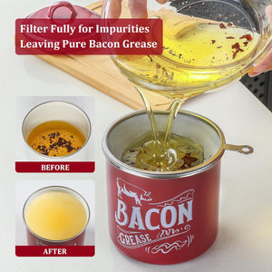 1.3L Bacon Grease Saver Container with Fine Strainer, Red Enamel & Stainless Steel Oil Keeper