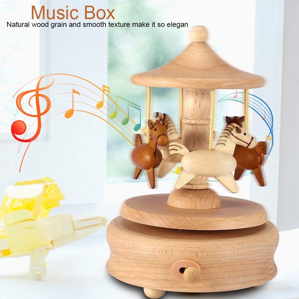 Carousel Music Box Wooden Merry-Go-Round Horse Musical Box Turn Horse Shaped Wood Crafts