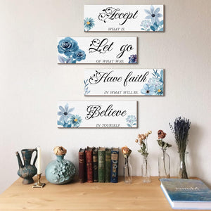 4 Pieces Blue Flower Wall Decor For Bedroom, Accept-Let go-Have faith-Believe Wooden Inspirational Wall Art