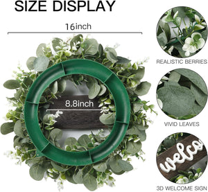 16in Artificial Eucalyptus Wreath with Welcome Sign Green Eucalyptus Leaf Decor