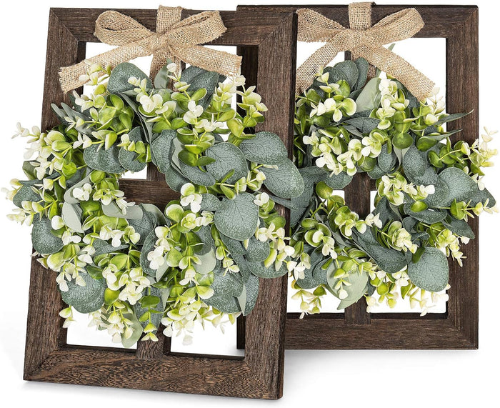 Farmhouse Wall Decor Window Frames with Eucalyptus Wreath, 2 Pack, 16 X 11 Inch, Brown