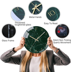 Glass Wall Clock Silent Non Ticking Wall Clock- 12 Inch Quality Quartz Battery Operated  (Dark Green)