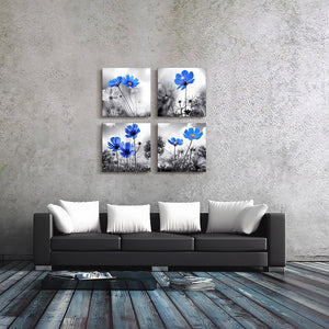 Simple Life Black and White Landscape Cyan Blue Flowers Wall Decor, 12" x 12" 4 Pieces Framed Canvas Prints