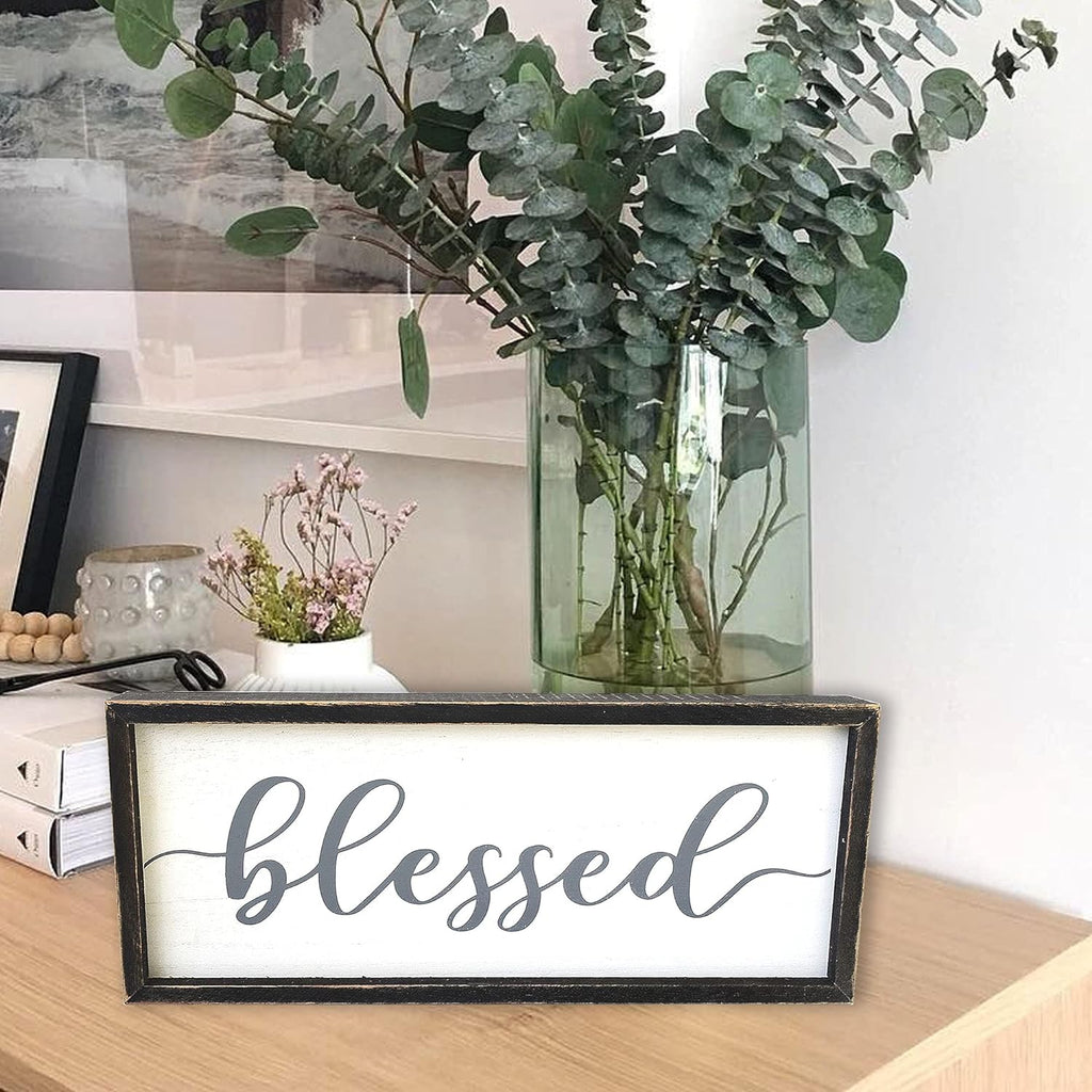 Rustic Blessed Freestanding Sign Home Decor, Solid Wood Grey 12x5 Inches