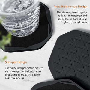 Black Silicone Coasters with Soft Felt Inserts for Wooden Coffee Table Cool Cup Mats, Set of 6, Black