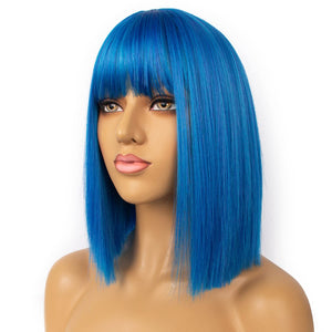 Synthetic Straight Hair Bob Cut Wig Shoulder Length Cosplay Wig for Girl Colorful Costume Wigs (Blue)