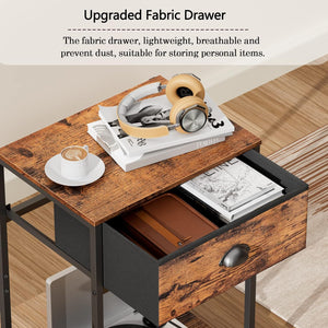 End Table with Storage Shelf and Fabric Drawer, 2 Tiers Industrial Nightstand, Bedside Table Organizer, 23.6 Inch, Rustic Brown