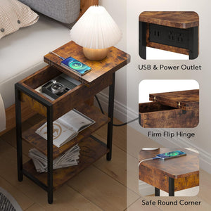 Narrow End Table with Charging Station, Slim Couch Side Table with USB Ports & Outlets, Brown