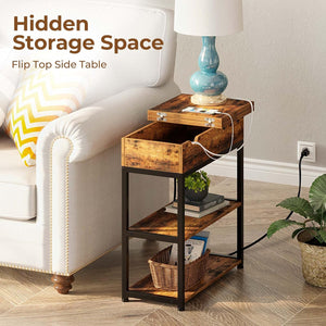 End Table with Charging Station, Narrow Nightstand, Flip Top Side Table with USB Ports , Rustic Brown