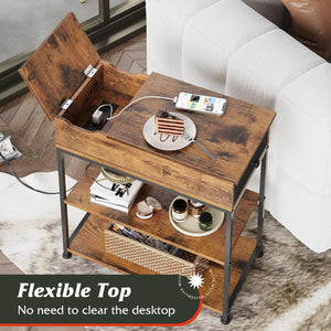 Narrow Side Table with 2 USB Ports and 2 Outlets, Flip Top End Table with Drawer