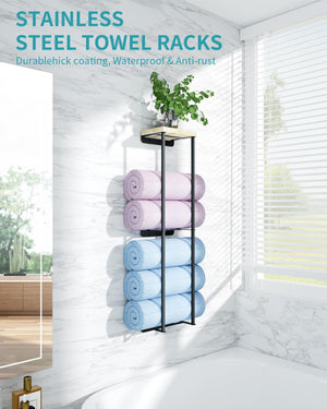 2 Tier Wall Towel Holder with Wood Shelf for Small Bathroom