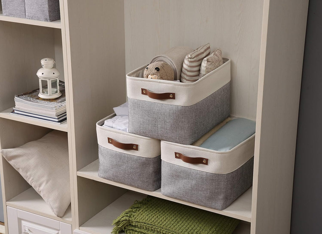 Decorative Large Linen Closet Organizer Bins with Handles (Grey and White, Large - 3 Pack)