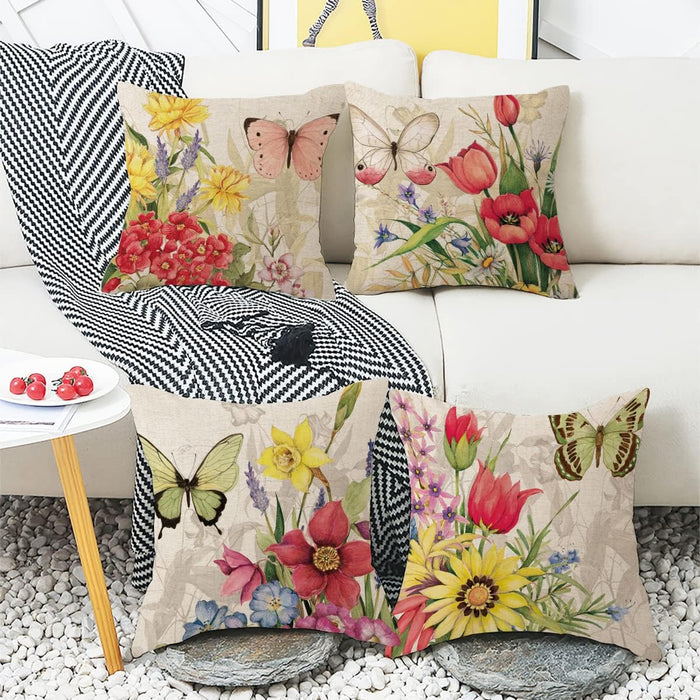 Set of 4 Decorative Spring Pillow Covers Linen Flower Butterfly Farmhouse Pillowcases, 18 x 18