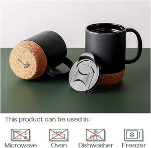 Set of 2 15 OZ Coffee Mug with Cork Bottom and Splash Proof Lid, Ceramic Mug with Large Handle, Black