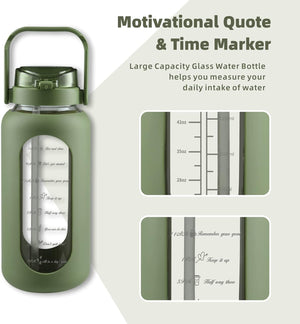 74oz Glass Water Bottle with Straw 2.2L Large Gallon Motivational Water Bottle with Handle and Time Marker, Olive