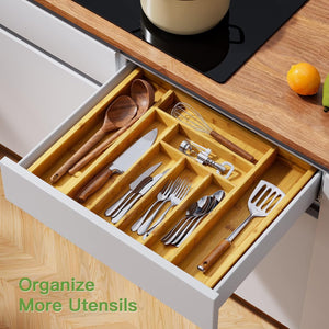 Bamboo Expandable Drawer Organizer for Utensils Holder, Adjustable Cutlery Tray, Natural