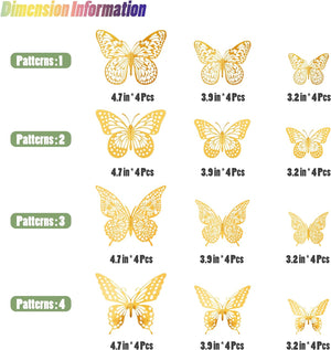 3D Butterfly Wall Decor 48 Pcs 4 Styles 3 Sizes, Gold Butterfly Decorations